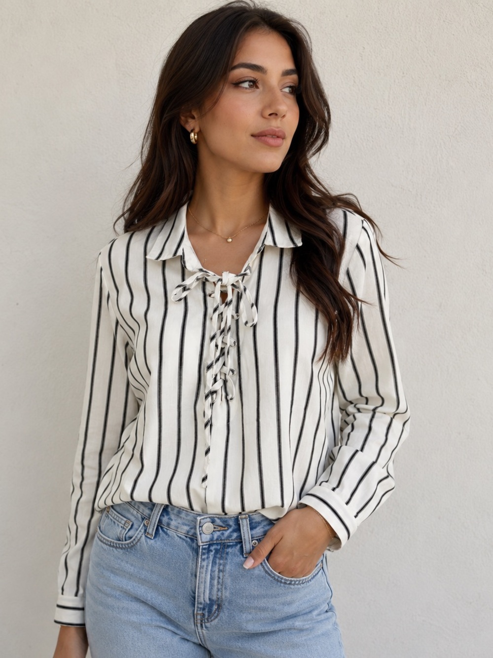 NWT Striped Sheer Blouse Lace Up Tie Front
